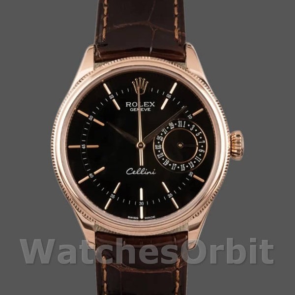 Men's Rolex Cellini Date 39mm Men's-50515-Brown Leather-Black Index Dial Black