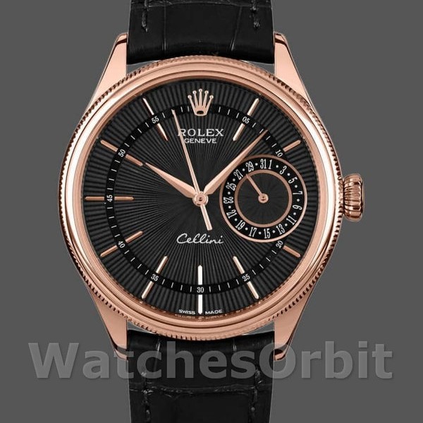 Men's Rolex Cellini Date 39mm Men's-50515-Rose Gold-Black Index Dial Black<br />