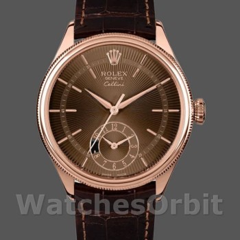 Men's Rolex Cellini Dual Time 39mm Men's-50525-Brown Guilloche Dial-Brown Leather Strap Brown