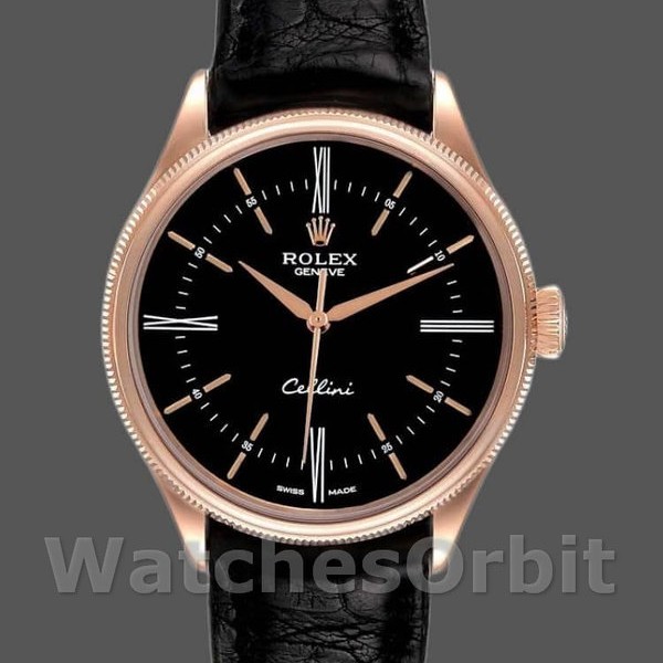 Men's Rolex Cellini Time 39mm Men's-50505-Black Leather Strap-Black Dial Black