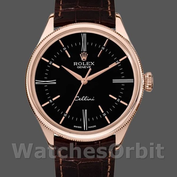 Men's Rolex Cellini Time 39mm Men's-50505-Brown Leather Strap-Black Dial Black