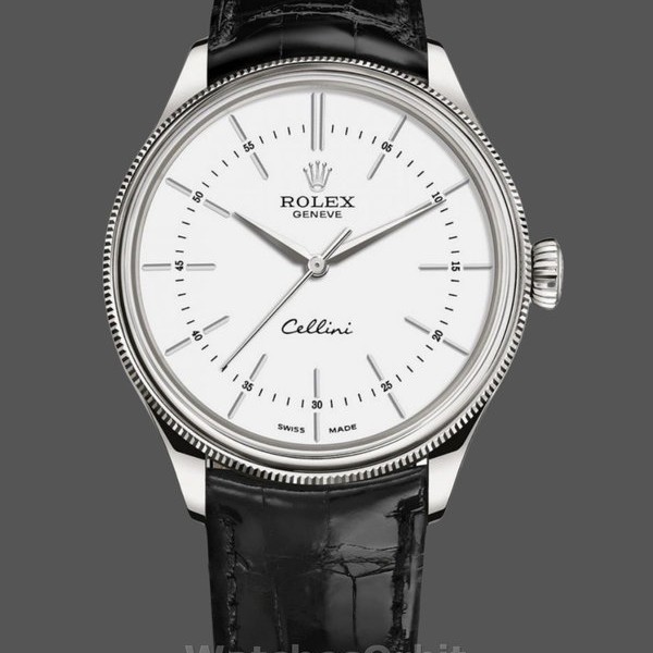 Men's Rolex Cellini Time 39mm Men's-50509-Black Leather Strap-White Dial White