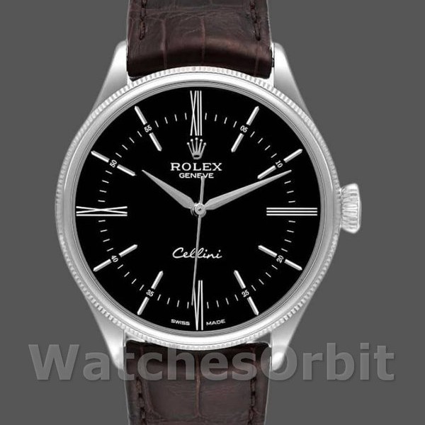 Men's Rolex Cellini Time 39mm Men's-50509-Brown Leather Strap-Black Dial Black