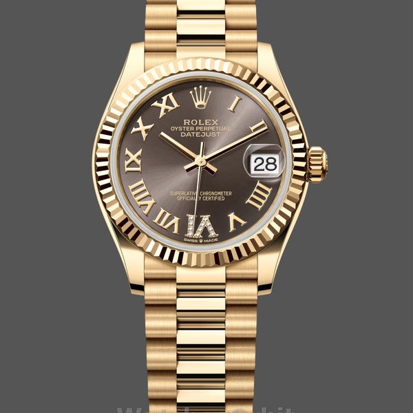 Women's Rolex Datejust 31-M278278, Yellow Gold, Dark Grey Roman VI, President Dark Grey Dial