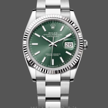 Women's Rolex Datejust 36-126234, White Gold, Fluted Bezel, Unisex Green Dial