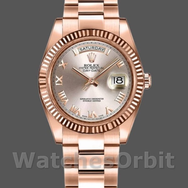 Women's Rolex Day-Date 36mm Women's-118235-Pink Roman Numeral Dial-Fluted Bezel Pink
