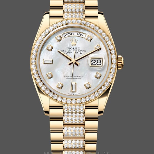 Women's Rolex Day-Date 36mm Yellow Gold Diamond Bezel MOP Dial - M128348RBR 0019 MOP Dial