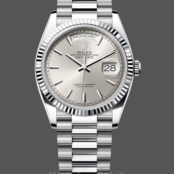 Women's Rolex Day‑Date 36-128236 0001, Platinum & White Gold, Silver Index Silver Dial