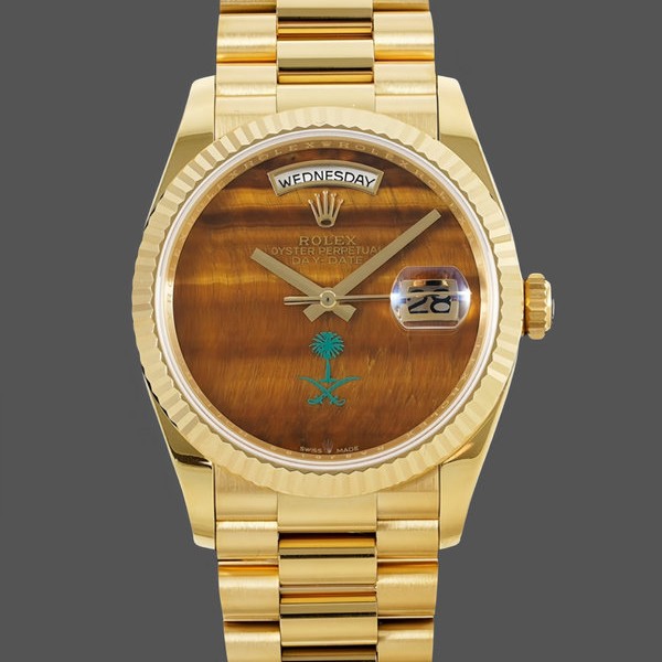 Women's Rolex Day‑Date 36-36mm, Sapphire Mirror, Tiger’s Eye Dial, President, Yellow Dial