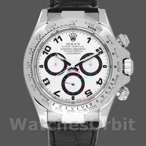 Men's Rolex Daytona 40mm Men's-116519-Black Alligator Leather Strap-White Dial White